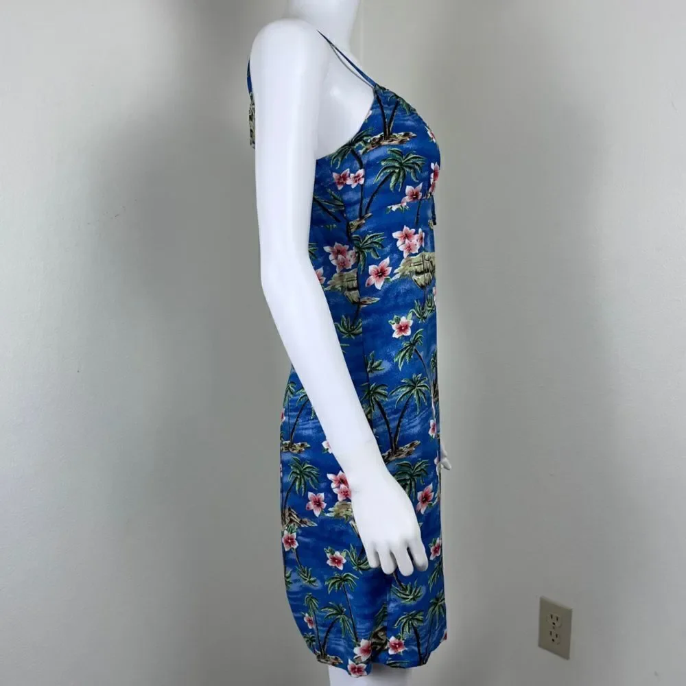 Vintage Women Size M Blue Floral Tropical Hawaiian Novelty Y2K Mini Slip Dress